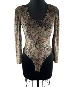 Vintage FELLOW Paris Womens Animal Print Thong Bodysuit Long Sleeve Scoop Neck 2